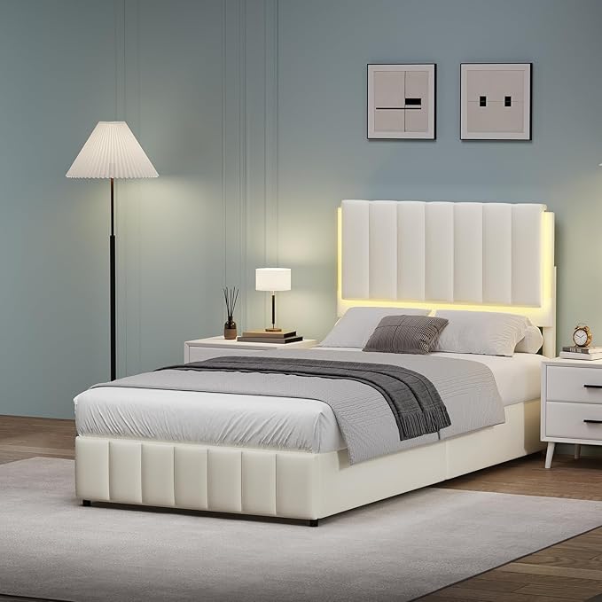 Twin Upholstered Bed Frame with LED Lights, Faux Leather Platform Bed with Headboard and Wooden Slats Support, No Box Spring Needed, Noise-Free, Easy Assembly, Cream