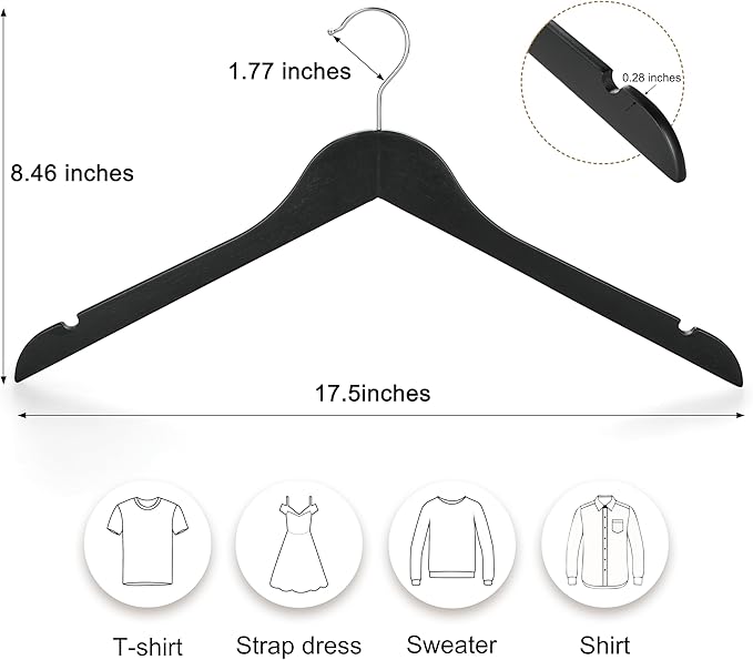 TOPIA HANGER Wooden Hangers 30 Pack, 0.28-inch Slim & Durable Clothes Hangers Space Saving, Black Wood Hanger with 360°Swivel Hook and Non-Slip Shoulder Notches for Coat,Shirts, Camisoles, CT51B