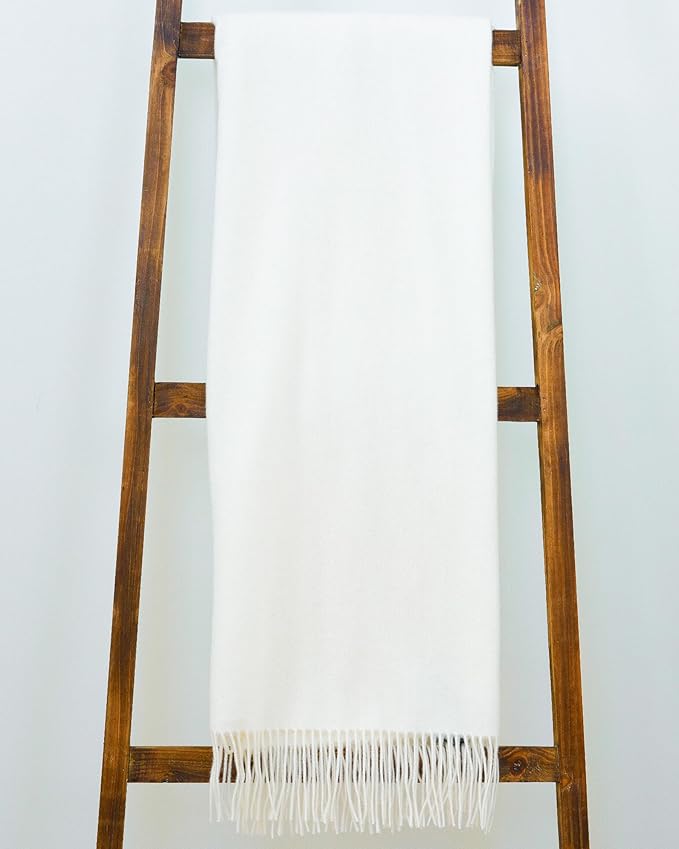 Alashan Cashmere Blend Ripple Finish Woven Throw - White Cashmere Throw Blanket - Soft Solid