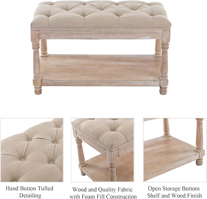 DUOMAY Farmhouse Tufted Storage Ottoman Bench with Shelf, 31.5" Width Linen Upholstered Entryway Shoe Ottoman Foot Stool for Bedroom Living Room Dining Room, Beige