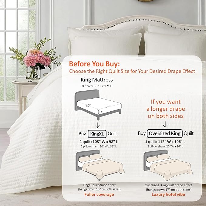 KASENTEX King XL Quilt Set 108"x98" – Soft Washed 3-Layer Lightweight Bedspread, Minimalist Nordic Design, All-Season Spring & Summer Quilt Set (1 Quilt + 2 Pillow Shams),Cream White