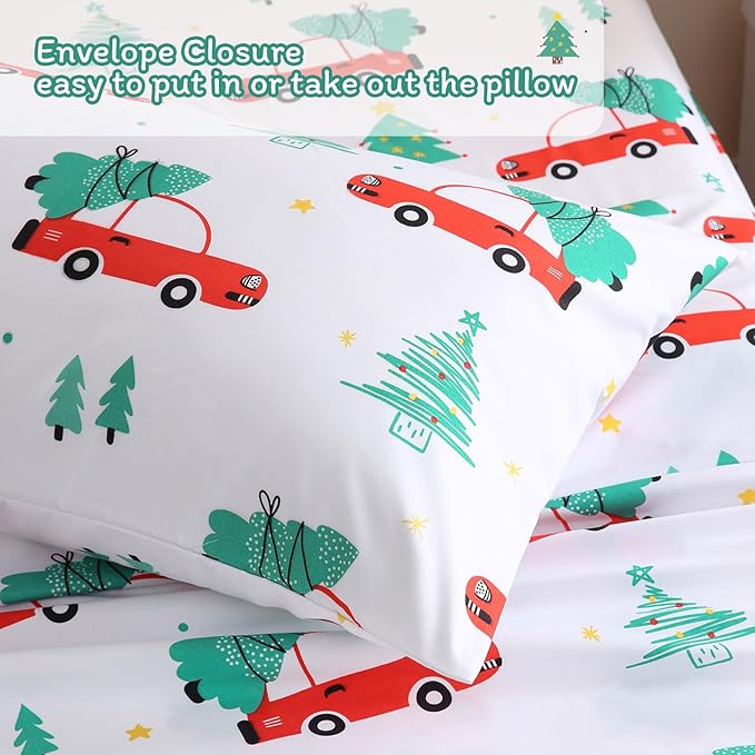 JSD Red Cars Christmas Kids Sheet Set Twin Size, 3 Piece Soft Holiday Printed Microfiber Bed Sheets Deep Pocket