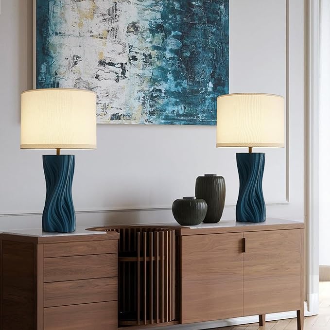 Modern Plug in Textured Table Lamps 21.5In Blue Ceramic Table Lamp Bedroom