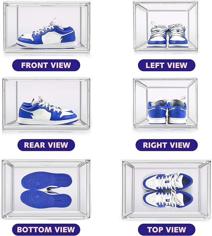 12 Pack Acrylic Shoe Large Storage Box with Magnetic Door Size 13 Clear Stackable Shoe Organizer for Closet Space Saving Shoe Cabinet Sneaker Display Case