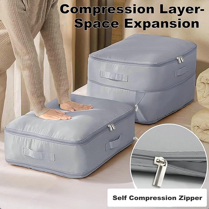Ultra Space Saving Self Compression Organizer, 2025 New Large Capacity Storage Bag, Thick Satin Fabric Heavy Duty Bags for Comforters Blankets Bedding Duvet (Gray, Large, 21x17x12in)