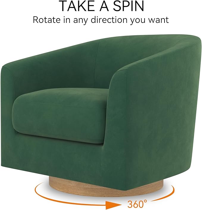 Swivel Barrel Accent Chair with Solid Wood Base, Round Velvet Living Room Arm Chairs, Modern Upholstered Comfty Reading Nook Chairs for Bedroom, Club Armchair, Single Sofa Side Chair, Green