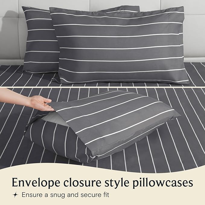 LuxClub 4 PC Full Sheet Set, Deep Pockets Wrinkle Free Cooling Bed Sheets Hotel Bedding for Women, Men, Includes 1 Fitted Sheet, 1 Flat Sheet and 2 Pillowcases-Striped - Light Grey