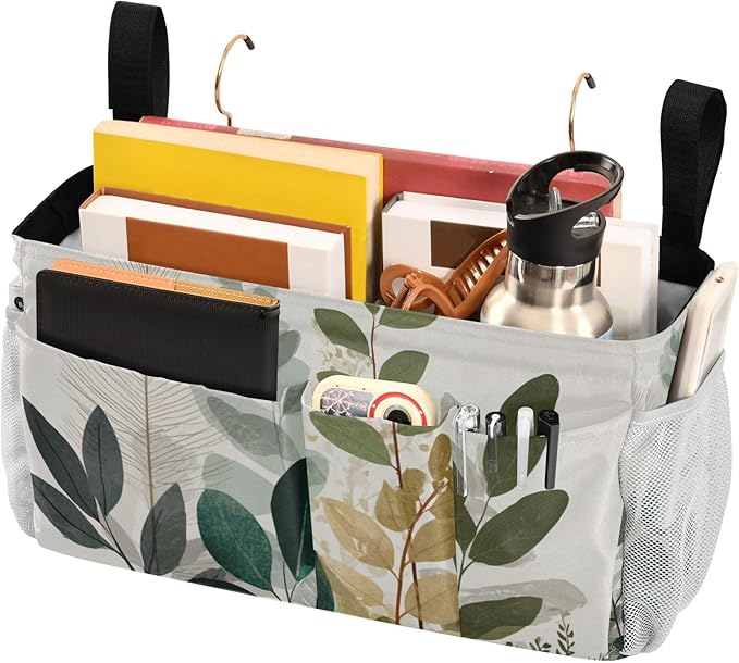Bedside Caddy Hanging Bunk Bed Caddy Bed Organizer Hanging Pocket with 2 Hooks Bedside Storage Organizer Pocket Bag Holder Beige Boho Style Leaves