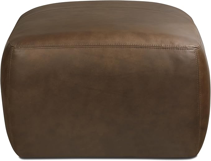 Poly & BARK Denver Ottoman – 43" Large Pouf with Feather-Down Topper – Full-Grain Leather Upholstered Pouf Ottoman for Living Room – Vintage Italian Leather in Cocoa Brown