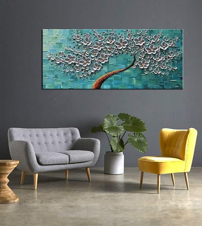 YaSheng Art - 24x60inch Large Wall Art Flowers Oil Painting On Canvas Texture Palette Knife 3D Silver Flowers Tree Paintings Abstract Artwork Canvas Wall Art Home Living Room Decor Painting