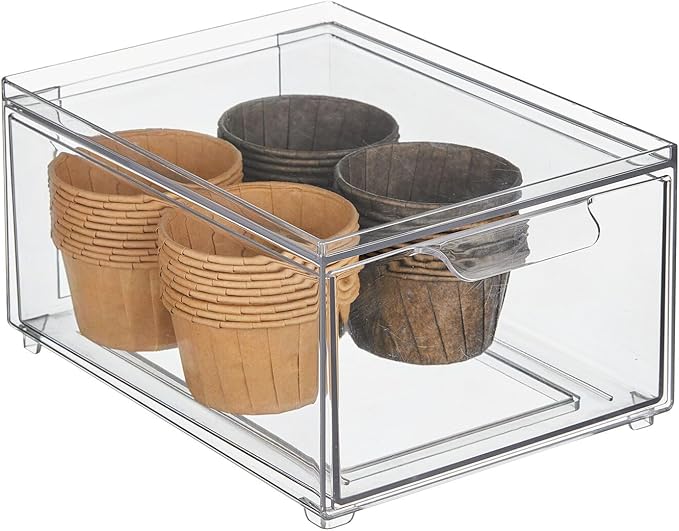 mDesign Stackable Storage Containers Box with Pull-Out Drawer - Stacking Plastic Drawers Bins for Kitchen Pantry and Cupboard, Cabinet, Counter, Island and Tables - Lumiere Collection - 2 Pack - Clear