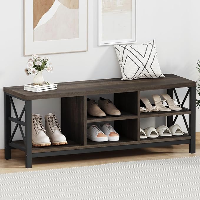 FATORRI Shoe Bench Entryway with Storage, Industrial Wood and Metal Hallway Benches with Adjustable Shelves, Rustic Entry Way Bench for Living Room (47.24 Inch Long, Walnut Brown)