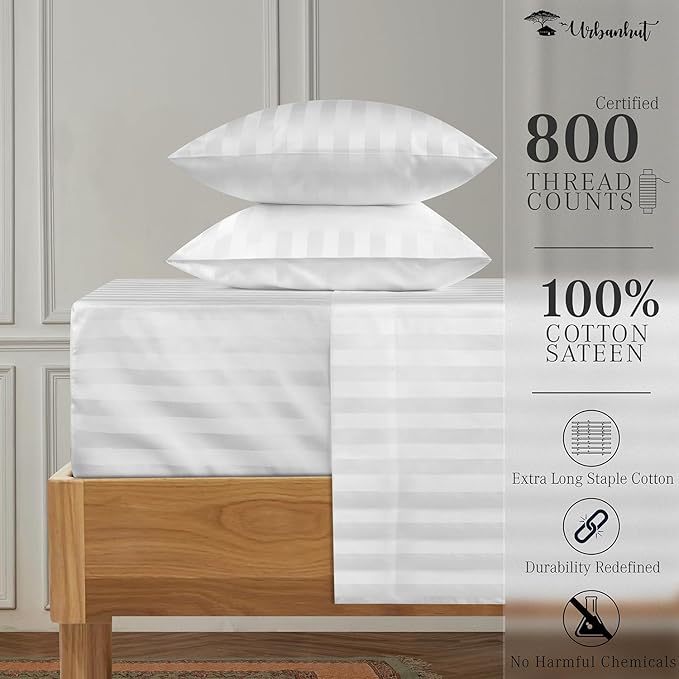 URBANHUT 800 Thread Count 100% Cotton Damask California King Size Sheets Set, 4 Piece Striped Cal King Size Bedsheets, Luxury Hotel Sheets Sateen Weave, 16" Elasticized Deep Pocket- White