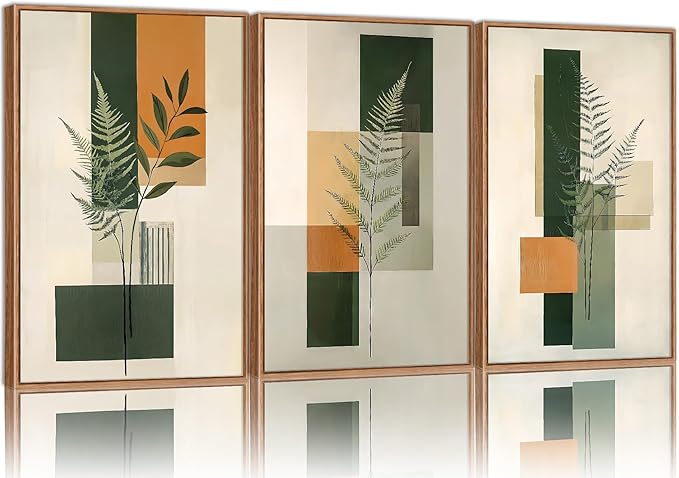 Yeehomedec Sage Green Fern Leaf Framed Canvas Wall Art, Boho Abstract Wall Decor, Rustic Neutral Modern Botanical Art Print, Beige Minimalist Plant Artwork for Living Room Bedroom Office Bathroom 16"x24"x3
