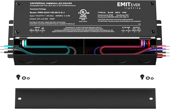 EMITEVER Dimmable Led Driver, 150W AC 110V-277V to DC 24V Transformer, 5-in-1 Dimming: ELV/MLV/TRIAC / 0-10V / 1-10V / 10V PWM/Potentiometer, Waterproof IP67 and UL Listed