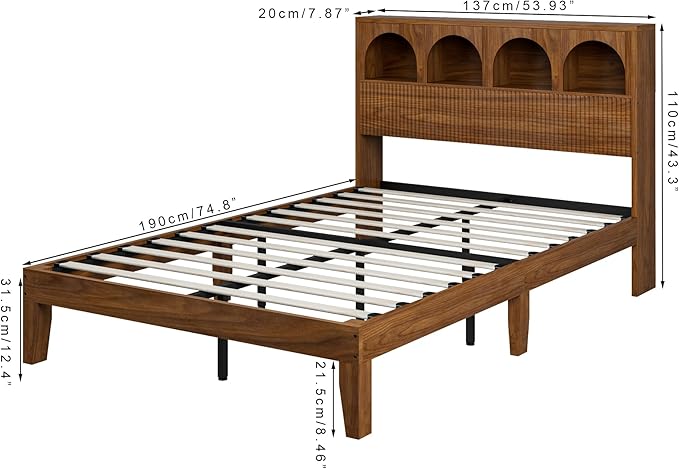 Full Bed Frame with Wave Headboard, Storage Headboard with 4 Arched Storage Compartments, Farmhouse Wooden Full Bed Frame, No Box Spring Needed, No Noise (Full-Walnut)