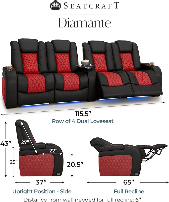 Seatcraft Diamante Zero-Gravity CoolZero Italian Leather Home Theater Seating, Power Headrest, Power Recline, Row of 4 Left Loveseat, Black/Red