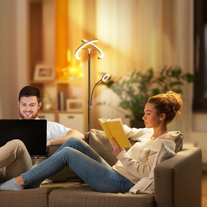 LED Floor Lamp for Living Room - Modern Standing Lamp with Reading Light, Remote Touch Control Floor Light Dimmable Mother-Daughter Tall Bedroom Lamp for Couch Office, 29W, Black