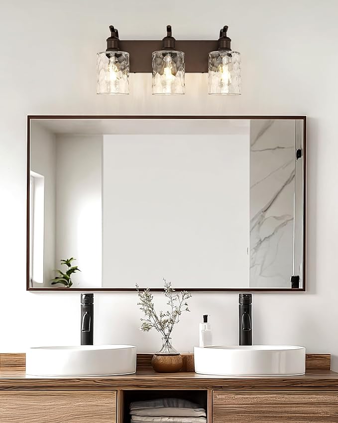 Bathroom Vanity Light Fixtures Over Mirror 3-Light Hammered Glass Wall Mounted Modern Oil Rubbed Bronze - VL01ORBH-3