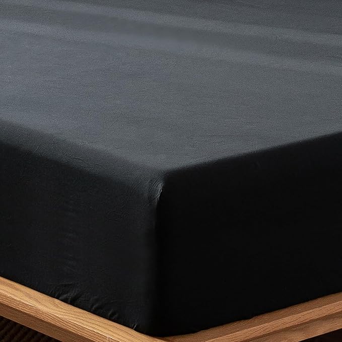 MooMee Fitted Bottom Sheet Only 100% Washed Cotton Linen Like Textured Breathable Durable Soft Comfy Deep Pocket Fits Mattress up to 17" (Black, Twin)