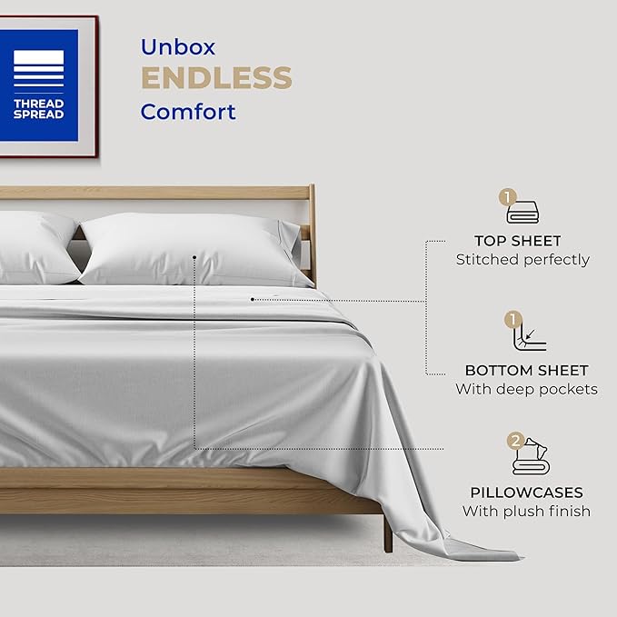 THREAD SPREAD California King Size Sheets Set - 400 Thread Count 100% Cotton Sheets California King, 4 PC Cal King Sheets Set, Soft, Cooling Bed Sheets, Deep Pocket California King Sheet Set (Silver)