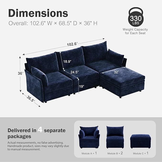 ABCASA 102.6" Modular Sectional Sofa, L Shaped Couch Set for Living Room, 3-Seater Comfy Cloud Couches with Movable Storage Ottoman,DIY Combination - Chenille Blue