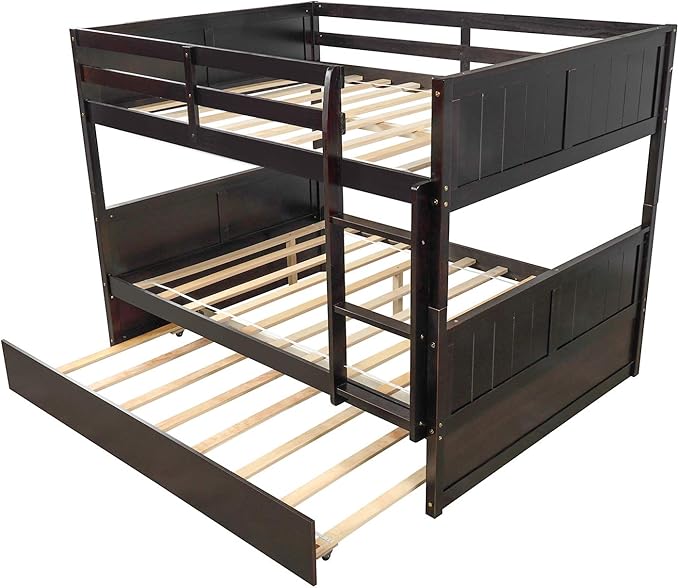 STERXONE Best Thicken Solid Wood Full Over Bunk Bed with Trundle, Luxurious Frame Size Safety Guard Rail and Ladder, Convertible to 2 Beds for Adults, Teens, Kids (Espresso)