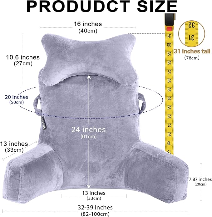 Reading Pillow-Extra Large 31" Bed Rest Pillow with Detachable Neck Roll & Arms for Sitting in Bed or Couch-Backrest Reading Pillow Adult Back Pillows for Reading/Watching TV/Gaming/Relaxing-Grey