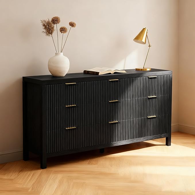 Modern Chest of Drawers with 9 Drawers, Modern Chest of Drawers for Closet, Large Storage Cabinet with Solid Natural Wood Legs for Living Room, Bedroom,Hallway, Black Oak