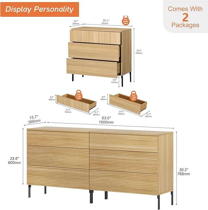 WAMPAT 63" W Fluted Dresser for Bedroom, 2 in 1 Modern 6 Drawer Dresser TV Stand with Hidden Handles, Wooden Chest of Drawers Closet Clothes Storage Organizer for Bedroom, Living Room, Oak
