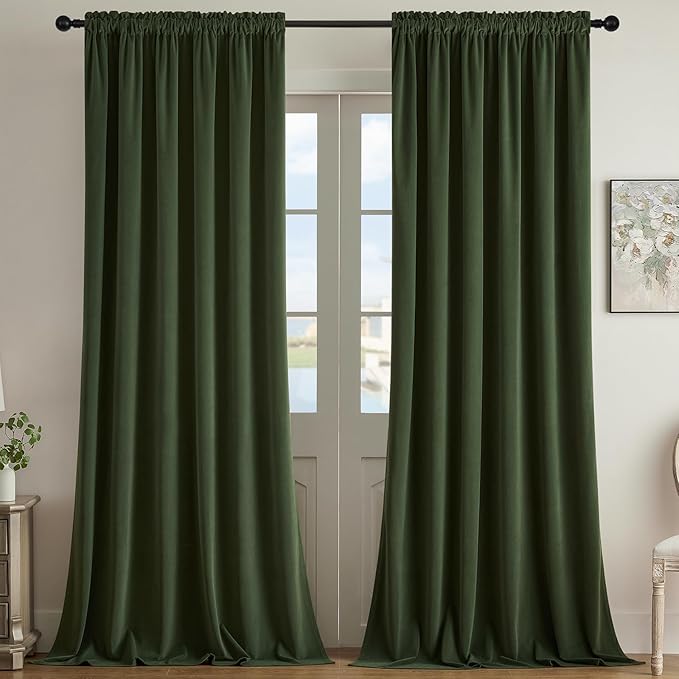 Joydeco Olive Green Velvet Curtains 72 inch Length 2 Panels, Luxury Blackout Rod Pocket Thermal Insulated Window Curtains, Super Soft Room Darkening Drapes for Living Room Bedroom,W52 x L72 inches