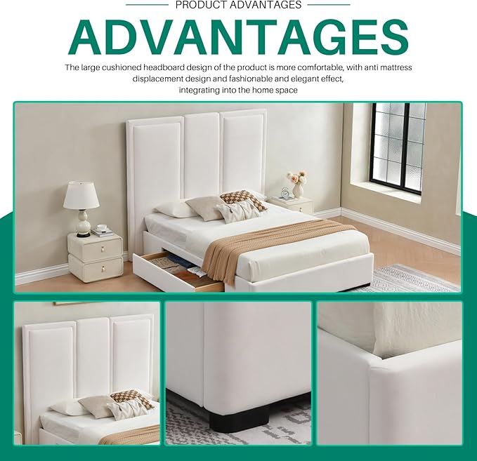 YUHUASHI Queen Size Bed Frame with 64-inch High Headboard, Simple and Airy Linen Upholstered Platform Bed with Storage Drawers, Wood Slat, No Noise (White, Queen (U.S. Standard))
