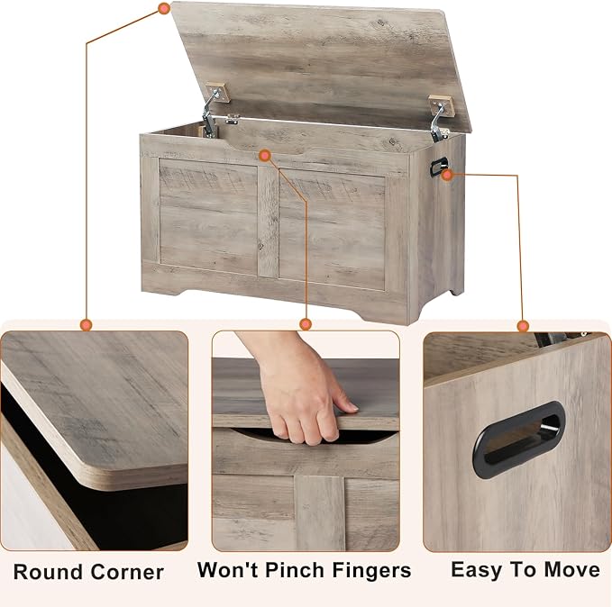Timberer 31.5" Storage Chest, Wooden Storage Bench, Lift Top Toy Chest with 2 Safety Hinges, Large Toy Box, Entryway Shoes Bench for Living Room, Bedroom, Grey