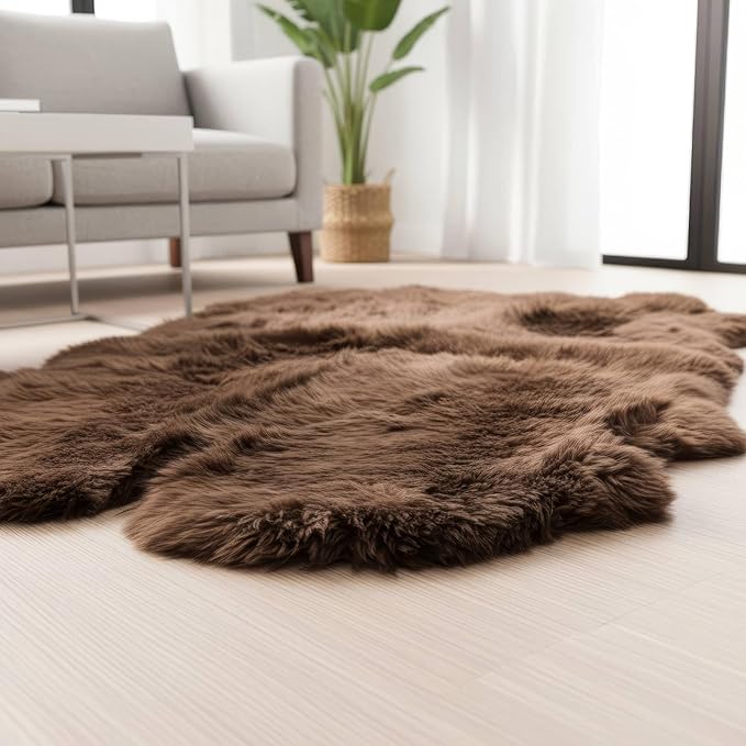 Genuine Dark Brown Sheepskin Rug, Real Fluffy Quad Pelt 4x6 ft Fur Area Rug for Living Room, Bed & Home Decor, Natural Sheep Skin Throw