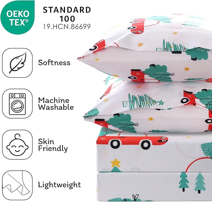 JSD Red Cars Christmas Kids Sheet Set Twin Size, 3 Piece Soft Holiday Printed Microfiber Bed Sheets Deep Pocket