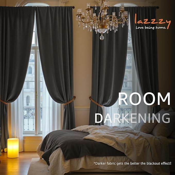 Lazzzy Velvet Blackout Curtains Thermal Insulated Room Window Drapes Super Soft Luxury Curtains for Living Room Bedroom Rod Pocket 2 Panels, Grey, 42" W x 108" L