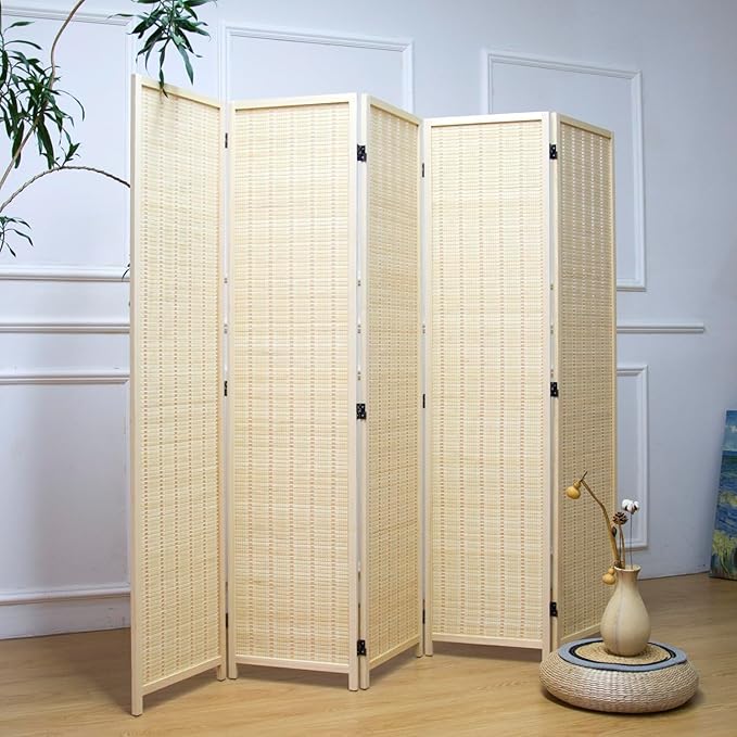Furnnylane 5 Panel Room Divider and Folding Panel Screen,Bamboo Panel Divider Screen for Room Separation,Beige,67" H x 76.75" W
