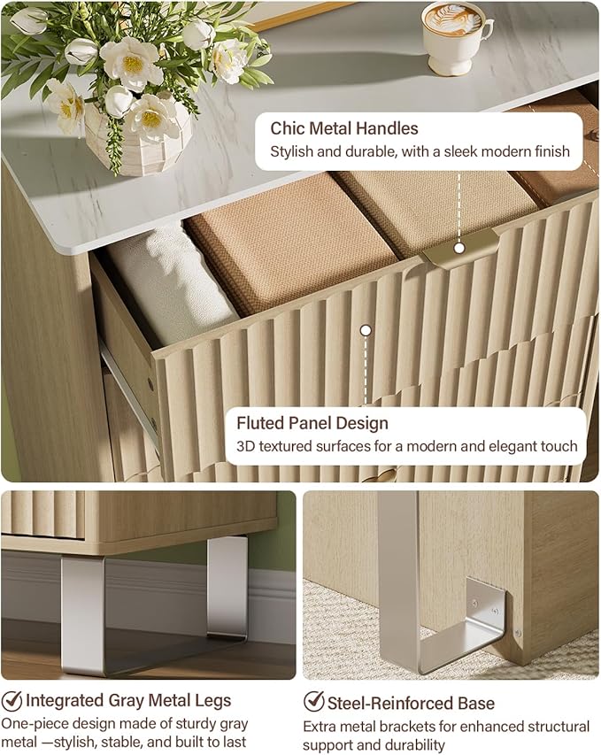 Fluted 5 Drawers Dresser, 48" H Modern Country Storage Dressers with Brushed Metal Handles, Wood Storage Organizers for Bedroom, Living Room, Hallway, Beige