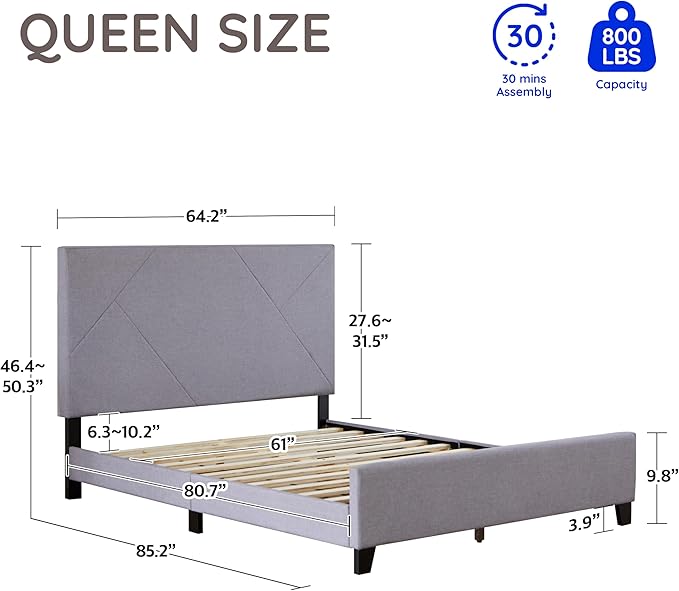 Livinia Stella Queen Size Platform Bed, Fabric Upholstered Queen Bed Frame with Height Adjustable Headboard Footboard, Strong Wood Slats, No Box Spring Needed, Gray (Queen)