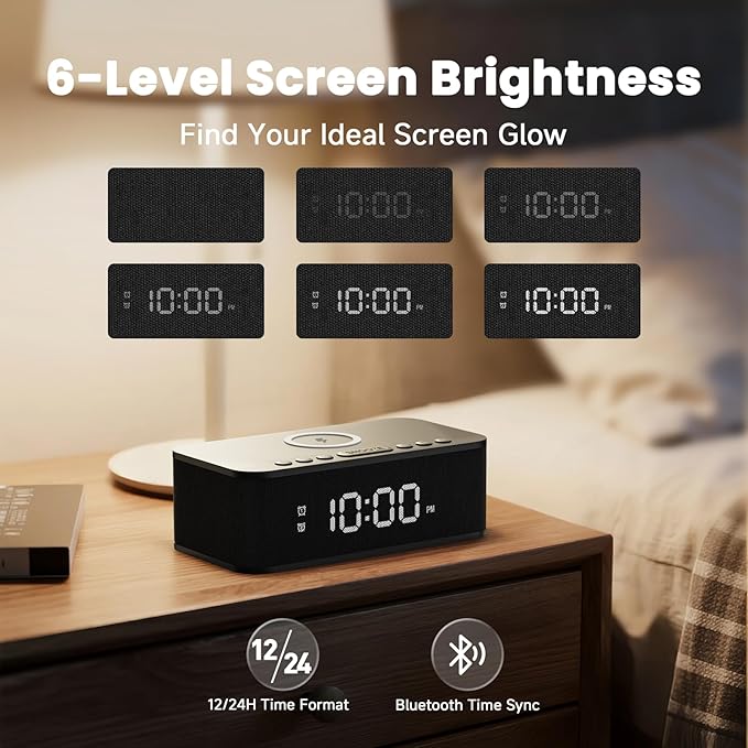 Digital Alarm Clock White Noise, Loud Digital Alarm Clocks Bedrooms, Alarm Clock Speaker Wireless Charger AUX USB Bluetooth Speaker 12/24H Dual Alarm Snooze Adjustable Brightness, Black