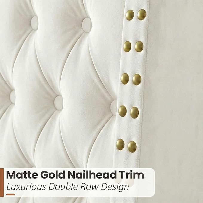 Full Size Bed Frame White Velvet, 47.2" Tall Wingback Headboard with Gold Nailhead Trim, Upholstered Platform Bed with Diamond Tufting, 1000lbs Heavy Duty Support, No Box Spring Needed