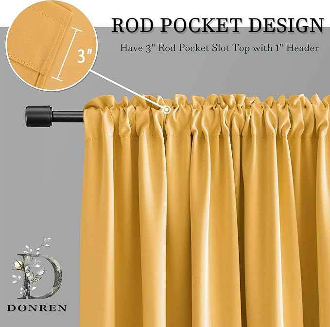 DONREN Extra Long 108 inch Length Blackout Curtains for Large Windows,Rod Pocket Soft and Touching Living Room Sweep to Floor for Villa (Yellow,2 Pack,52 W by 108 inches Long)