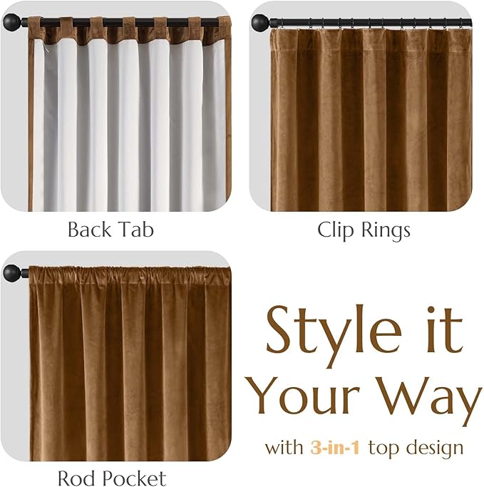 Lazzzy Gold Brown Velvet Curtains 108 Inches Long Blackout Thermal Insulated Room Darkening Lined Curtain Drapes Back Tab Window Treatments for Bedroom Living Room 2 Panels,52 x 108 Inch, Golden Brown