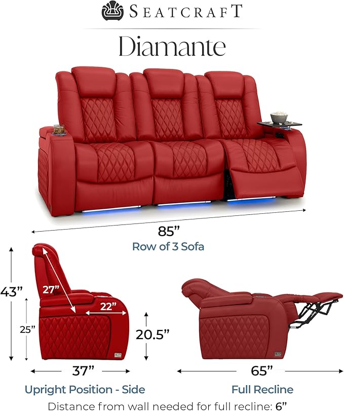 Seatcraft Diamante Zero-Gravity CoolZero Italian Leather Home Theater Seating, Power Headrest, Power Recline, Row of 3 Sofa, Red