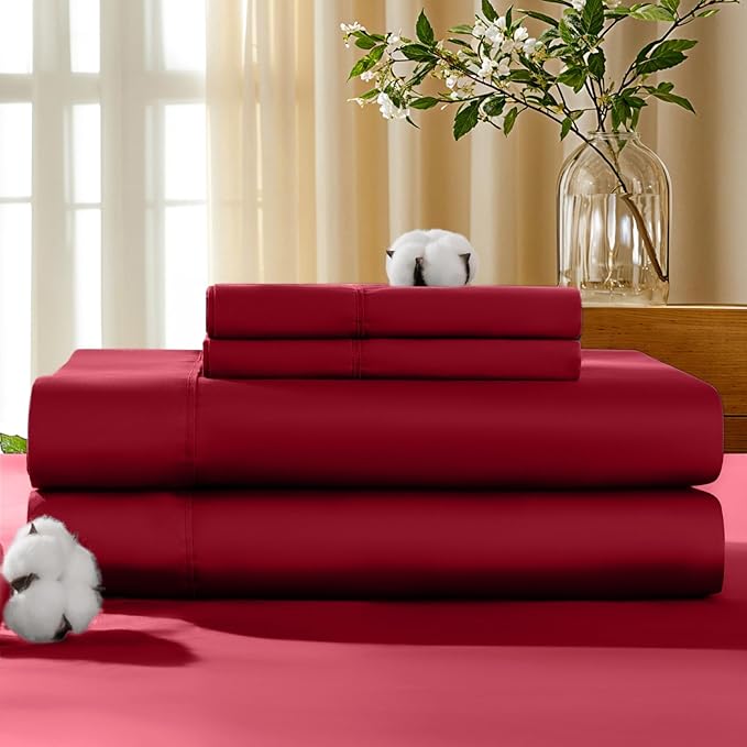 LBRO2M 100% Cotton Sheets Set Deep Pocket 19", 1000 Thread Count Full Size 4 Piece Bed Sheet Sets Soft Comfortable Bedding All Season (Full, Burgundy)