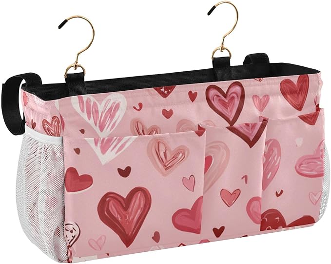 Bedside Caddy Hanging Bunk Bed Caddy Bed Organizer Hanging Pocket with 2 Hooks Bedside Storage Organizer Pocket Bag Holder Pink Cute Hearts