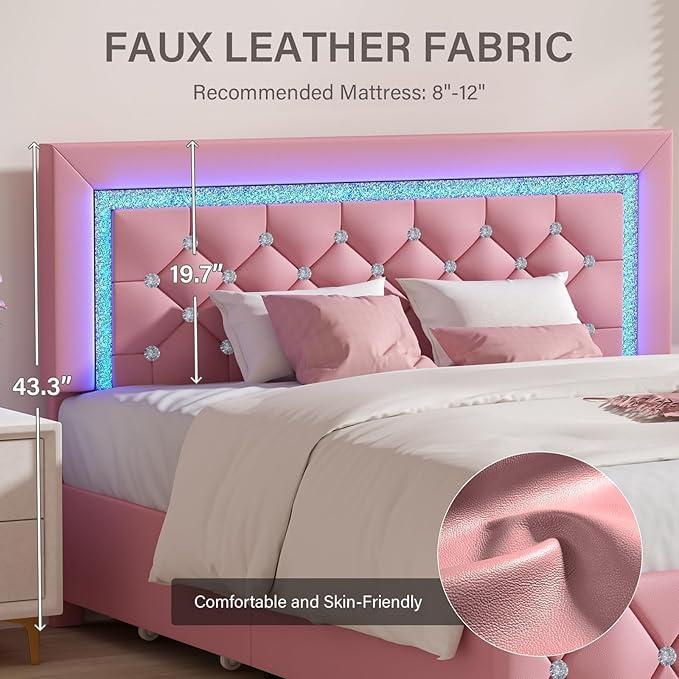 BarnFurin Twin Bed Frame with LED Lights and Storage Drawers, Upholstered Platform Bed with Diamond Headboard, Faux Leather Princess Platform Bed, No Box Spring Needed, Easy Assembly, Pink