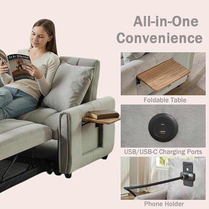3 in 1 Convertible Sleeper Sofa Bed, Pull Out Couch Bed with USB Ports, Foldable Tables & Phone Stand, Adjustable Backrest Velvet Loveseat Futon Couch for Living Room Bedroom Samll Space (Solid Grey)