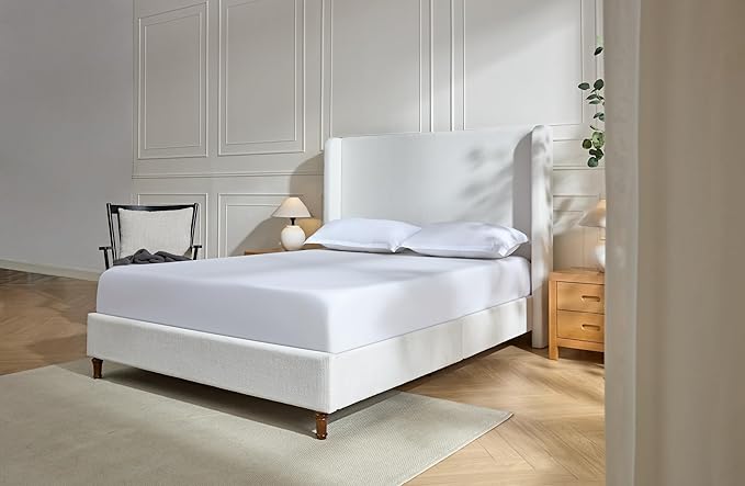 California King Size Upholstered Bed Frame, Platform Bed Frames with 54" Tall Headboard Wingback, Strong Wood Slats Support/No Box Spring Needed/Elegant Simplicity/No Noise, Cream White Chenille