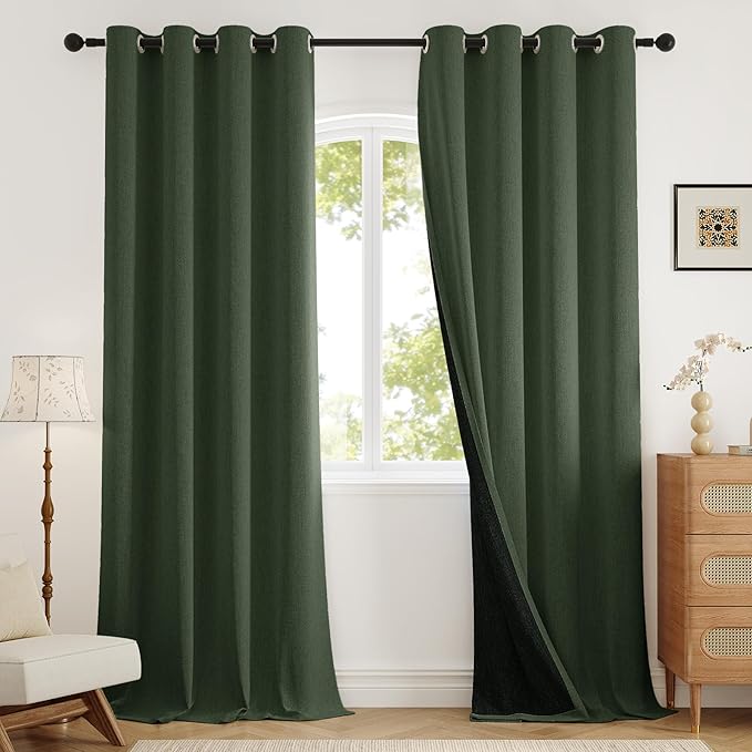 100% Blackout Curtains 84 Inch Length 2 Panels Set for Bedroom/Living Room, Grommet Linen-Look Textured Light Blocking Room Darkening Energy Saving Thermal Insulated Drapes (W52xL84, Olive)